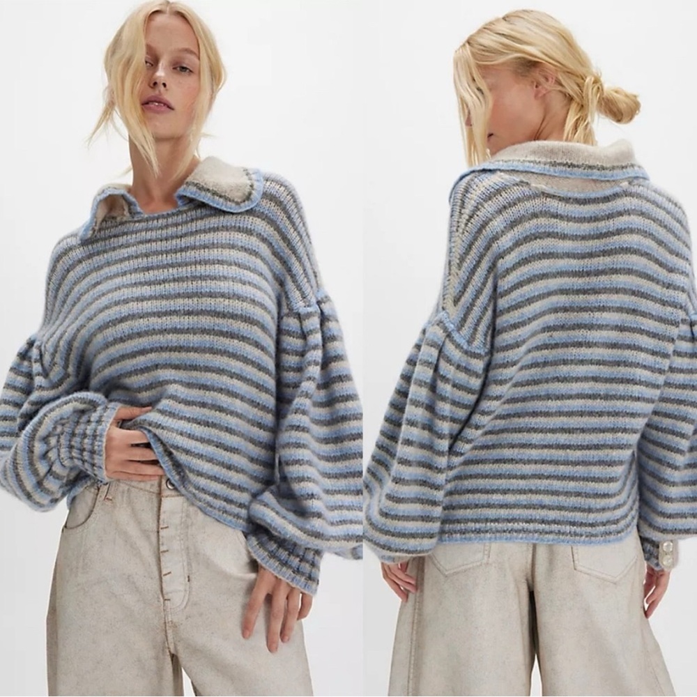 Free People Frills Softspun Alpaca Striped Collared Sweater Small Blue Gray